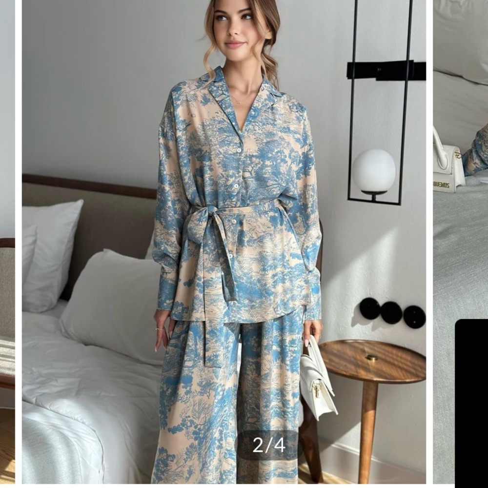 Commense Blue and Beige Wide Leg Jumpsuit XS